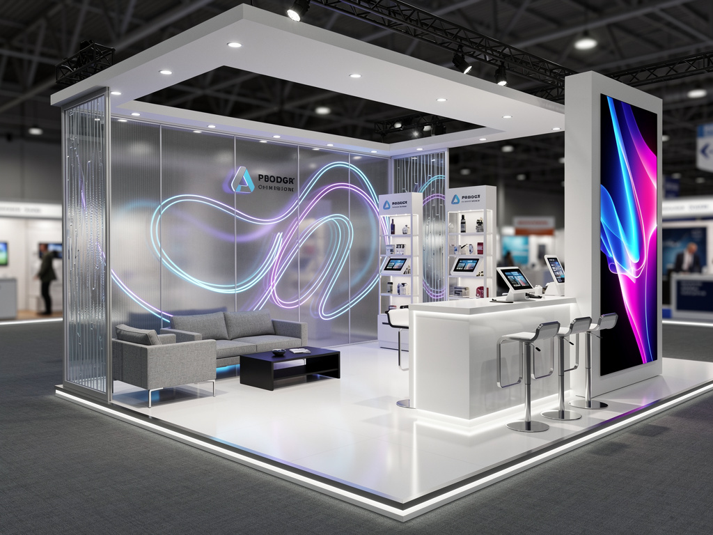Glaston 30x50 Grand Island Exhibit with Integrated Brand Zones turnkey exhibit 3D rendering