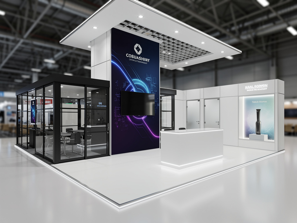 Apex 40x40 Grand Island Exhibit with Integrated Brand Pavilion turnkey exhibit 3D rendering