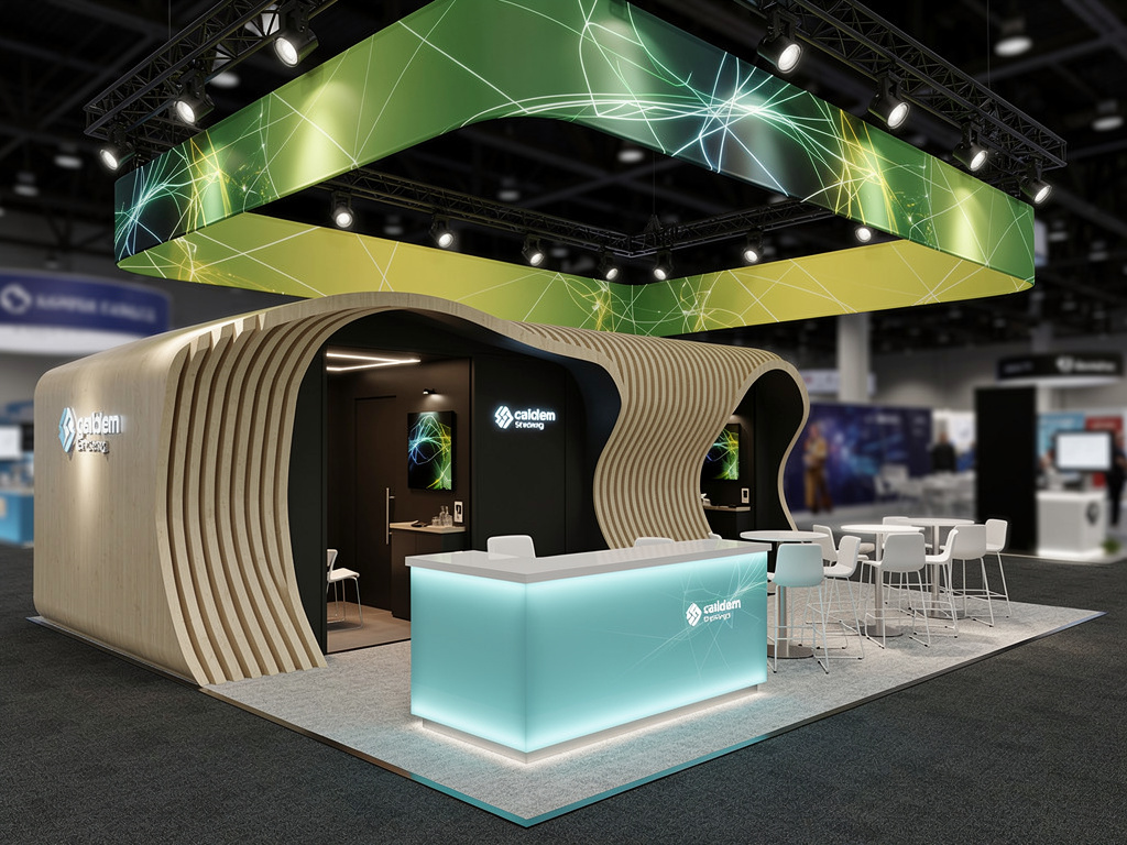 Apex 50x50 Island Exhibit Rental with Integrated Brand Pavilion turnkey exhibit 3D rendering