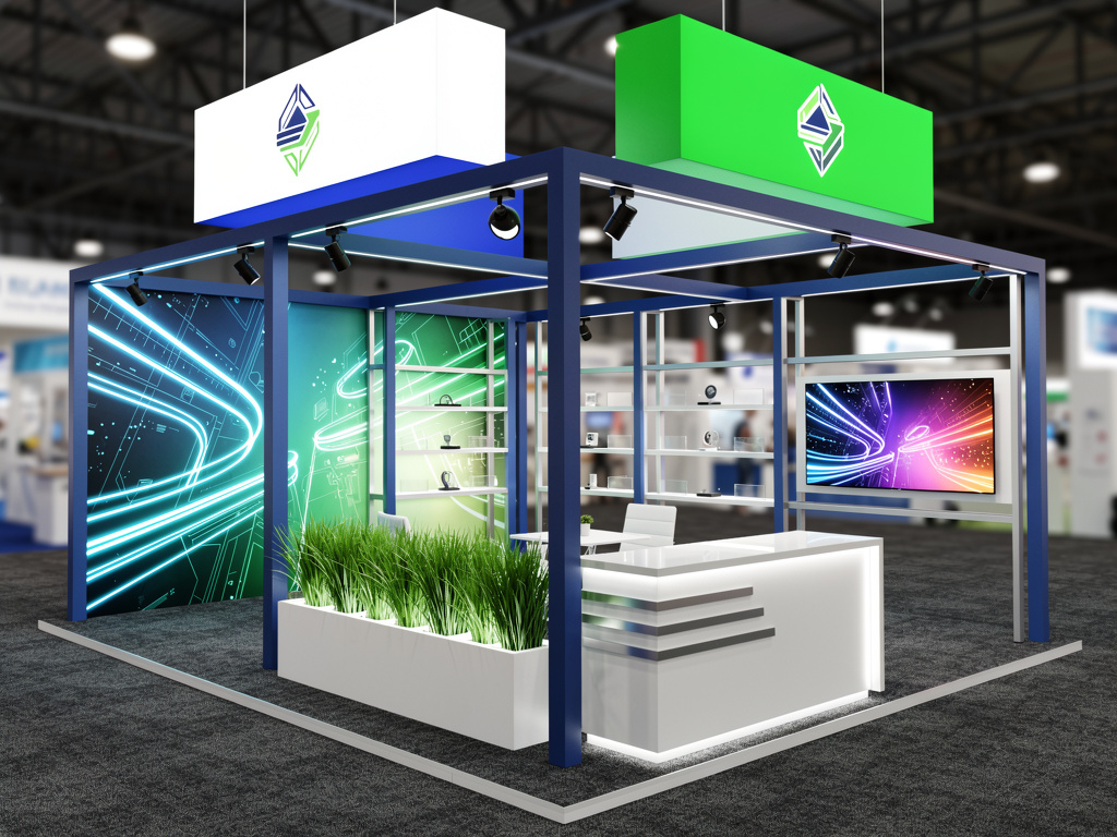 Summit 50x50 Grand Island Exhibit with Integrated Brand Pavilions turnkey exhibit 3D rendering